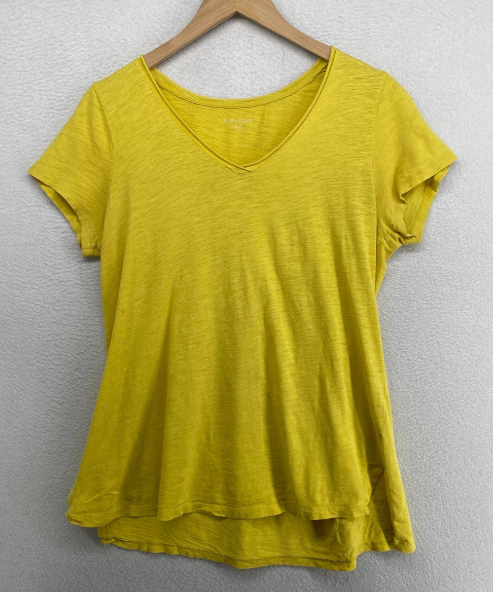 EILEEN FISHER Top S Slub Organic Cotton Jersey V-Neck Short Sleeve Yellow